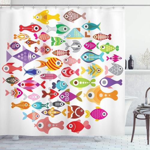 Poisson Rideau De Douche, Les Poissons D'aquarium Colorés, Tissu Ensemble De Décor De Salle De Bain Avec Crochets, 175 Cm X 180 Cm, Multicolore[Set033237]