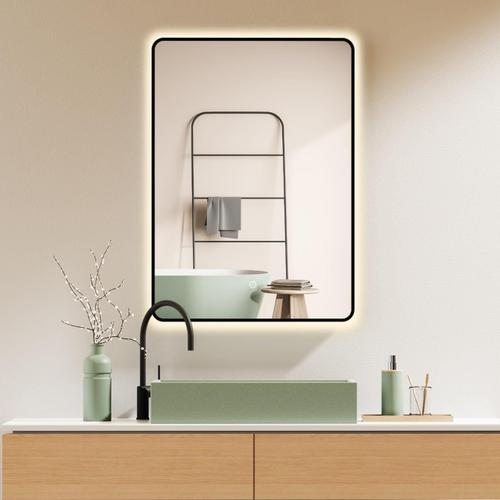 Miroir Led Mural 60X80Cm/80X60Cm Avec Cadre En Métal Noir, Montage Vertical Et Horizontal. Interrupteur Tactile+Variation De Lumière Blanc Chaud-Froid-Neutre, 2700-6500K[SET033415]