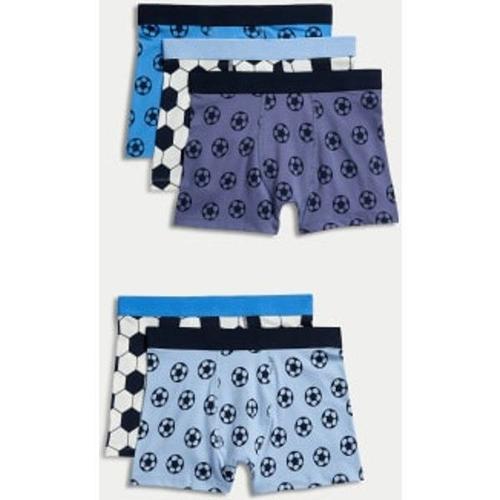 Lot De 5 Boxers En Coton Extensible Motif Football (Du 5 Au 12 Ans) - Bleu