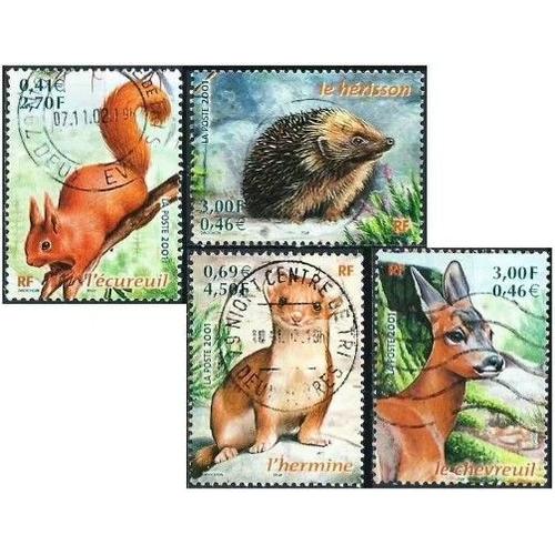 France 2001, Belle Série Complète Nature De France, Animaux Des Bois, Timbres Yvert 3381 Écureuil, 3382 Chevreuil, 3383 Hérisson & 3384 Hermine, Oblitérés, Tbe