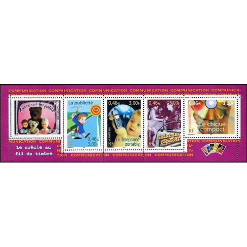 France 2001, Très Belle Bande Yvert 3372a, Le Siècle Au Fil Du Timbre, Communication. Timbres 3372 3373 3374 3375 3376, Bonne Nuit Les Petits, La Publicité, Téléphone Portable...Neufs** Luxe