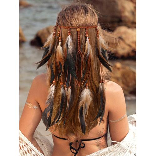 Serre-Tête Indien À Plumes Et Pompons Pour Femme - Style Hippie, Tribal - Marron - Taille Unique[Ped0303838]