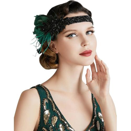 Coucoland 1920s Bandeau De Plumes Pour Femme Style Années 20 Bandeau À Cheveux Charleston Accessoire De Déguisement Taille Unique Vert Foncé[Ped0300838]