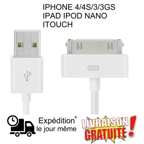 CABLE POUR IPHONE 4S 4 3Gs IPAD 1 2 3 IPOD CHARGEUR USB RENFORCÉ BLANC