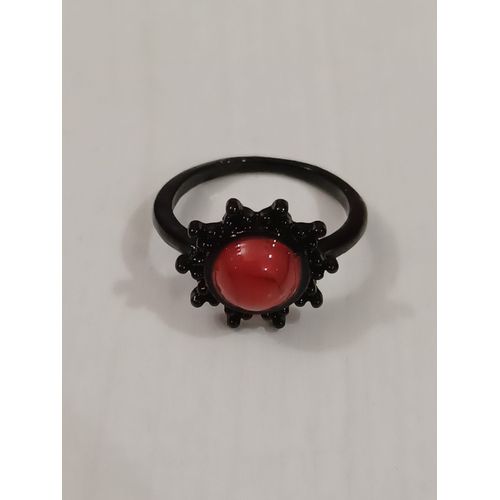 Bague Métal Noir,Fleur Et Pierre Resine Rouge Marbré,Taille 17.5