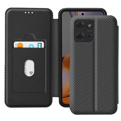 Étui Pour Motorola Moto G75 Fibre Carbone Support Vidéo Et Anti-Rfid Noir
