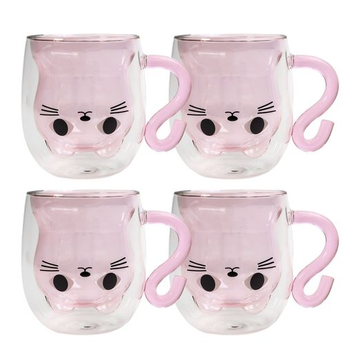 Intirilife 4x Thermo Verre À Double Paroi Avec Design Chat En Rose - 200ml De Contenance - Tasses Isolées En Verre Résistant À La Chaleur Pour Boissons Froides Et Chaudes Tasse À Café Tasse À Thé
