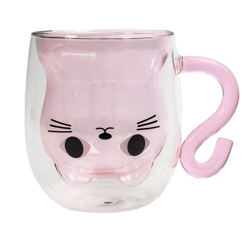 Intirilife Thermo Verre À Double Paroi Avec Design Chat En Rose - 200ml De Contenance - Tasses Isolées En Verre Résistant À La Chaleur Pour Boissons Froides Et Chaudes Tasse À Café Tasse À Thé
