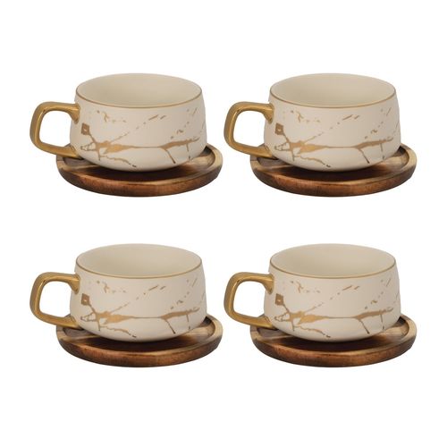 Intirilife 4x Tasse En Céramique Avec Design Marbré En Blanc - Environ 200 Ml - Tasse À Café, Tasse À Thé Avec Dessous De Verre En Bois Gobelet