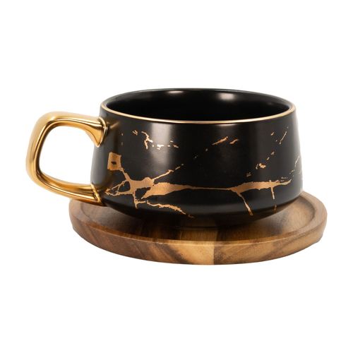 Intirilife Tasse En Céramique Avec Design Marbré En Noir - Environ 200 Ml - Tasse À Café, Tasse À Thé Avec Dessous De Verre En Bois Gobelet