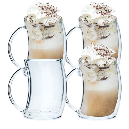 Intirilife 4x Verre Thermique À Double Paroi - Style Incurvé - Capacité De Remplissage 200ml - Soufflé À La Bouche, Isolé Pour Le Latte Macchiato, Comme Verre À Thé Ou À Café Avec Anse