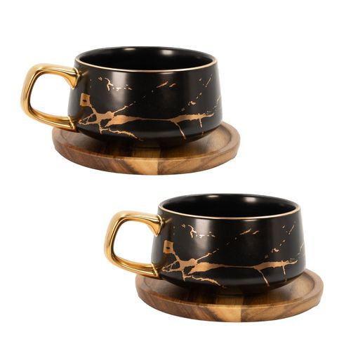 Intirilife 2x Tasse En Céramique Avec Design Marbré En Noir - Environ 200 Ml - Tasse À Café, Tasse À Thé Avec Dessous De Verre En Bois Gobelet