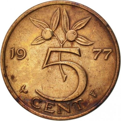 Pays Bas (Netherland) = Pièce De Monnaie De Collection D'une Valeur Faciale De 5 Cent. Année = 1977. Métal = Bronze. Diamètre = 21 Mm.