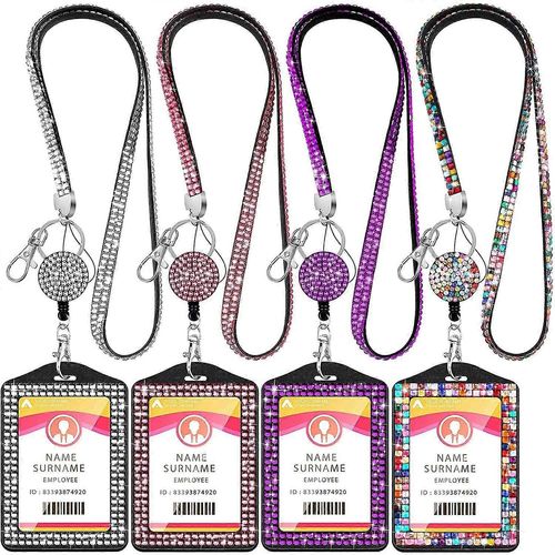 4 Ensembles Strass Lanière Porte-Carte D¿Identité Cristal Bobine Rétractable Strass Cou Longe Carte Tenir