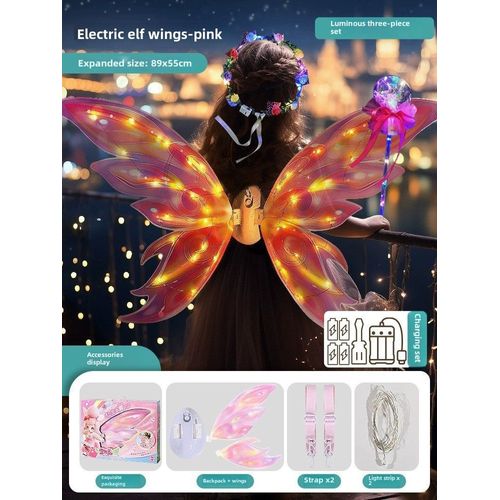 Ailes De Fée Électriques De Princesse Avec Lumière Et Batterie Rechargeable Accessoire De Cosplay Pour Filles Couleur Rose Emballage En Boîte Cadeau