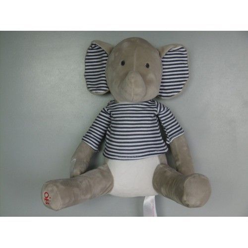 Doudou éléphant gris blanc oreilles t-shirt rayé bleu OBAIBI