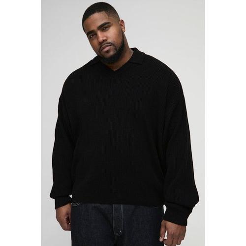 Plus Oversized Boxy Double Collar Detail Knitted Jumper Homme - Noir - Xxxxl, Noir