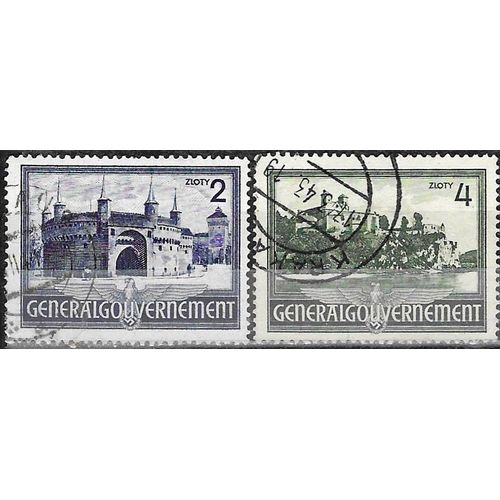 Pologne, Occupation Allemande 1941, Gouvernement General, Beaux Timbres Yvert 79 Et 80, Fortifications De Cracovie, Et Monastère De Tyniec, Oblitéré, Tbe.