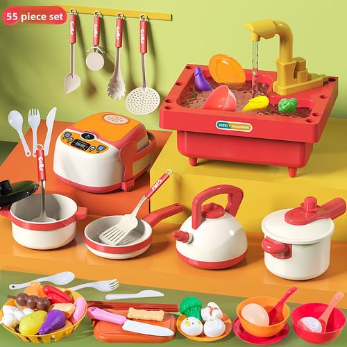 Ensemble De Jouets De Cuisine Miniature Pour Enfants Avec Machine À Laver Vaisselle Et Pomme De Terre Jouets Éducatifs Pour Filles 2 Ans 3 Ans Capacité Grande En Rouge