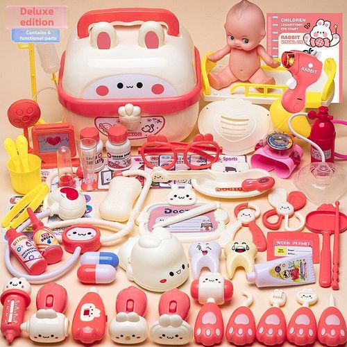 Boîte De Rangement Médical Mignon Lapin Pour Filles Jouets De Médecin Avec Stethoscope Et Aiguille Pour Enfants Couleur Rose Set De 74 Pièces