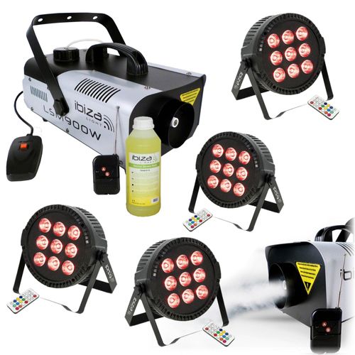 Pack Lumière Machine à Fumée Ibiza Light LSM900W - 4 Projecteurs THINPAR-9X6W-RGBW - Soirée Dj Mariage Anniversaire Fête