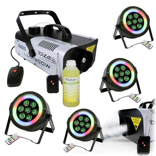 Pack Lumière Machine à Fumée Ibiza Light LSM900W - 4 Projecteurs THINPAR-LED-RING - Soirée Dj Pro Fête Mariage Anniversaire