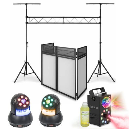 Pack Lumière Machine Fumée Lourde 1500W - Portique Ibiza SLB001 - Régie Booth DS30 - 2 Lyres Wash 30W - Soirée Fête Dj Mariage Pro