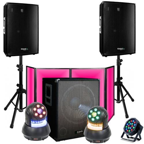 Pack Sono 1800W Ibiza 2 Enceintes DISCO12B 600W - Caisson Basse SUB15A - 2 Lyres Wash 30W - Facade DJ Projecteur PAR LED