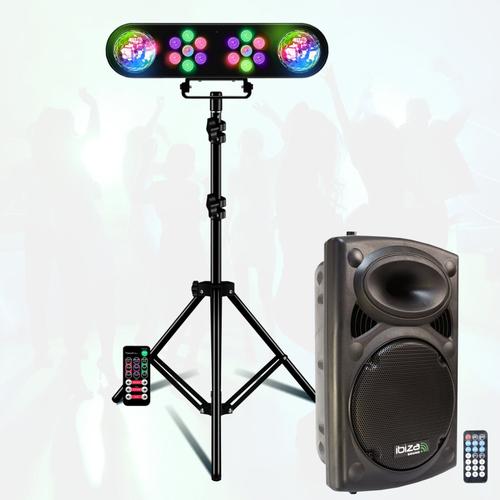 Pack Sono Ibiza - Enceinte USB Bluetooth Active SLK15A-TWS 800W - Pied support Lumière DJ LEDBAR-ASTRO-RC - Soirée DJ Anniversaire