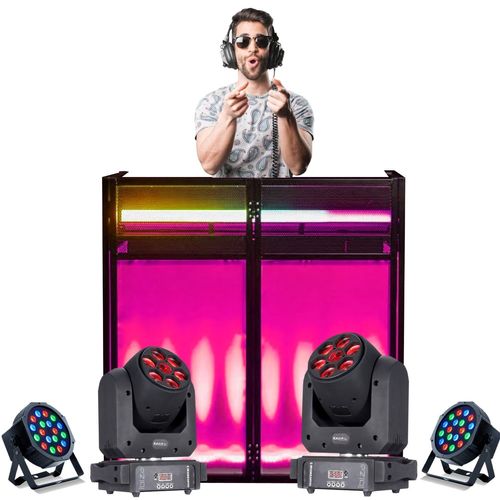 Pack Lumière Ibiza Régie DJ Booth Facade DS30 - 2 Lyres Spot 100W B-Eye 6x10W DMX - 2 Projecteurs PAR - Soirée Fête Pro Mariage