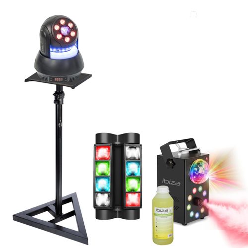 Pack Jeu Lumière Ibiza Spider DMX QUAD8-FX 8x10W - Pied Support Lyre STAR-WASH 30W - Machine à fumée 3en1 400W - Soirée Fête Dj