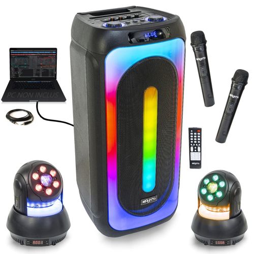 Pack Enceinte Bluetooth USB Karaoke Mooving Sound MS-MAGIC-SOUND1000 - 2 Micros - 2 Lyres STAR-WASH 30W DMW - Soirée Fête Nuit