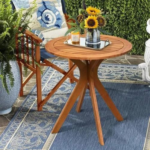 Costway Table Basse De Jardin En Eucalyptus - Plateau À Lattes, Base En Croix, Charge 50kg - Table D`Extérieure Ronde En Bois