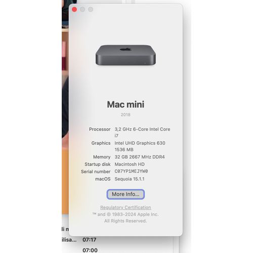 Apple mac mini 2018 Intel Core i7 - Ram 32 Go - SSD 1 To