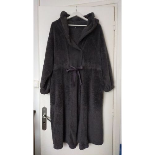 Long Peignoir / Robe De Chambre Chaud & Ample Gris À Capuche S-M