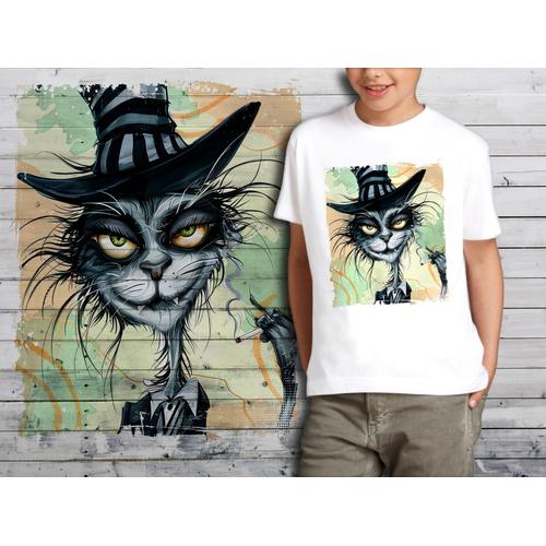 T-Shirt Blanc Enfant Chat Dandy Bad Cat Cigarette 708