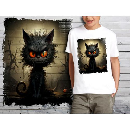 T-Shirt Blanc Enfant Style Burton Chat Dark Halloween Bad Cat 801