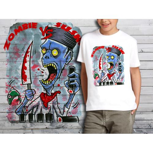 T-Shirt Blanc Enfant Zombie Vs Sushi 562