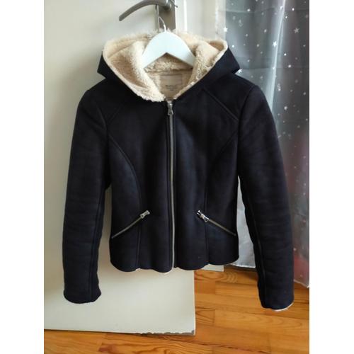 Manteau / Blouson « Aviateur » Zara À Capuche Noir Avec Fausse Fourrure Intérieure Xs (Indiqué S)