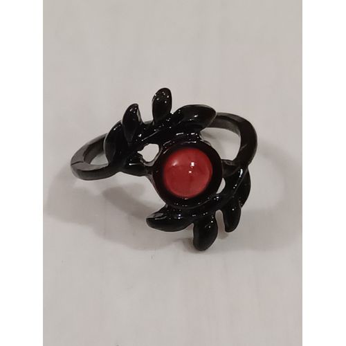 Bague Métal Noir,Lauriers Et Pierre Resine Rouge Marbré,Taille 18.15