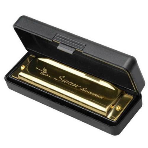 Cygne Harmonica 10 Trous Clé De Do Doré Avec Etui Harpe Métal Acier Nouveau