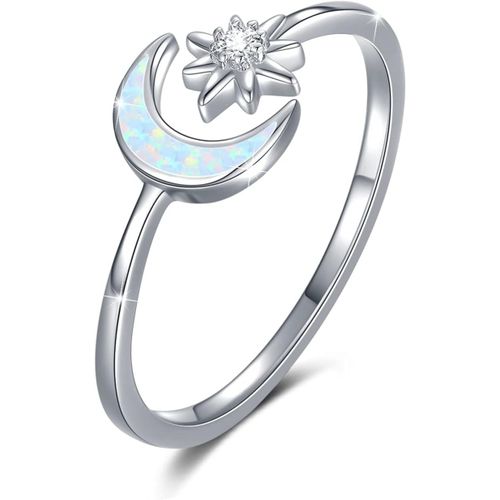Bague Lune Etoile Argent 925 Bague Ouverte Réglable Pour Femme Bague Opale Avec Zircone Cubique Pour Femmes Filles, Cadeau De Noël De Saint-Valentin De Mariage[Q1391]