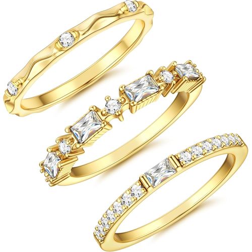 3 Pièces D'or Bague Femmes, Anneaux Empilables Résistant À L'eau, 14k Or Plaqué Zirconia Diamant Bague Femmes, Déclaration Anneau Set, Taille 49-60[Q31]