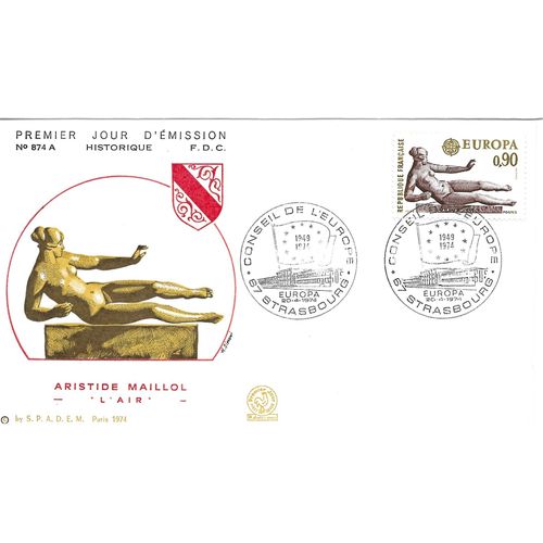 France 1974 Très Belle Enveloppe 1er Jour Fdc 874a, Timbre Yvert 1790, Europa, Sculpture De Maillol, "L'air", État Neuf.
