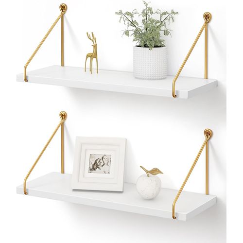 Etagere Murale Bois Blanc Or Metal Salle De Bain Chambre Cuisine Moderne Design Domicile Decorer,Lot De 2.[Y36]