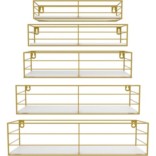 Etagères Murales Flottantes En Bois Blanc Avec Cadre En Fer Doré,Etagère Murale Rectangulaire Lot De 5,Pratique Et Esthétique Pour Salon,Chambre,Salle De Bain,Bureau.[Y197]