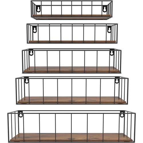 Lot De 5 Étagère Murales En Treillis Rectangulaire Avec Des Barres Verticales,Etagères En Bois Marron Et Fer Noir Pour Salon,Chambre,Salle De Bain,Bureau.[Y198]