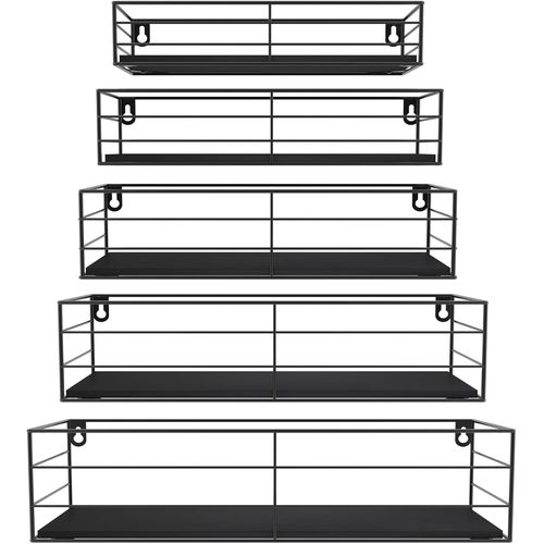 Etagères Murales Flottantes En Bois Noir Avec Cadre En Fer Noir,Etagère Murale Rectangulaire Lot De 5,Pratique Et Esthétique Pour Salon,Chambre,Salle De Bain,Bureau.[Y203]