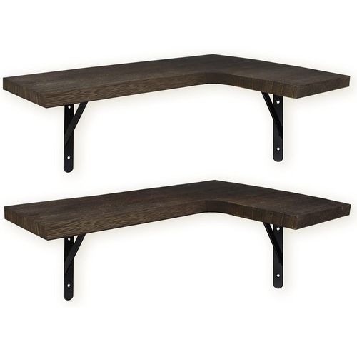 Lot De 2 Étagères D¿Angle Flottantes En Bois,Supports Métalliques|Décoration Et Rangement:Cuisine,Salon,Chambre|Fixation Au Mur|Finition Flambée|Design Industriel|Marron Foncé.[Y311]