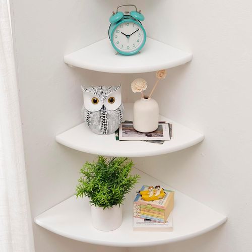 Étagère D`Angle Flottante En Chêne Rustique Avec Extrémité Arrondie Pour Haut-Parleurs,Livres,Décorations Étagère D`Angle En Bois,Chêne (Chêne Blanc,22/25/30cm(Set Of 3)).[Y409]